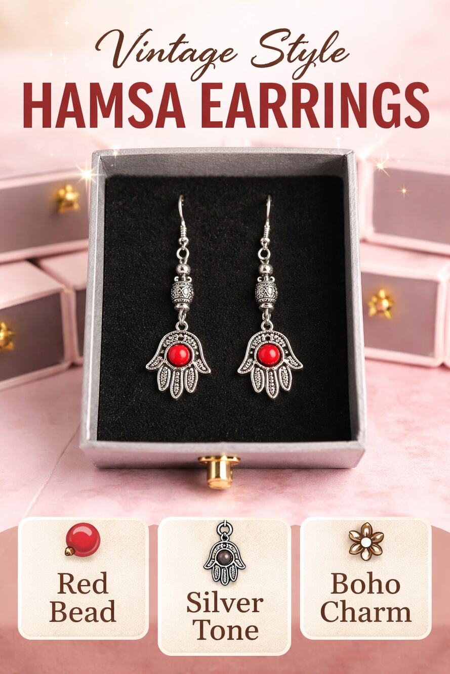 💥Vintage Style Hamsa Charm Earrings Red Bead Silver Tone Boho